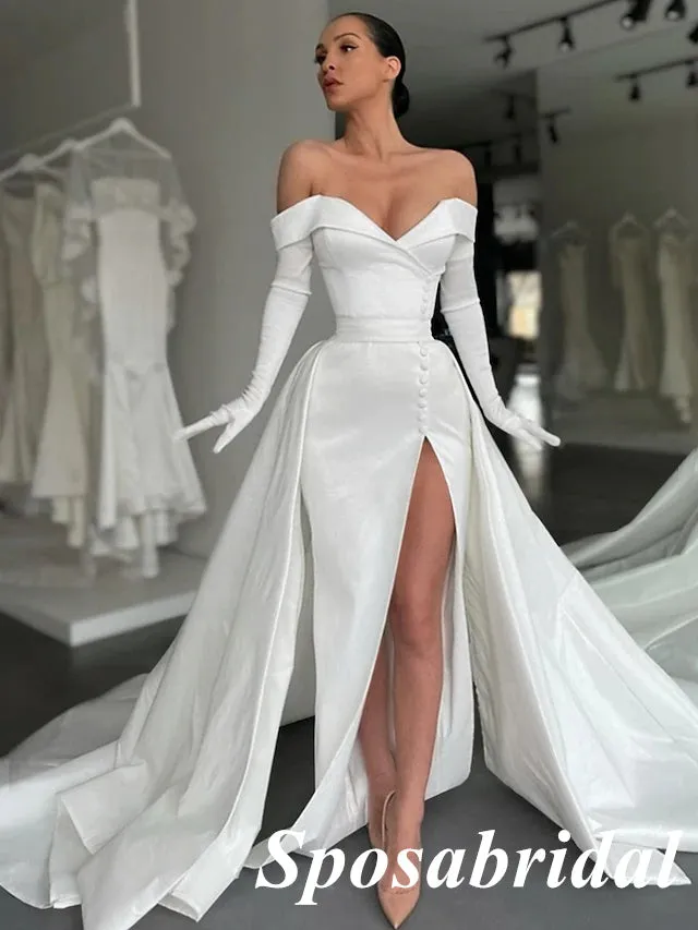 Sexy Satin Off Shoulder Sleeveless Side Slit Mermiad Long Prom Dresses, PD3910