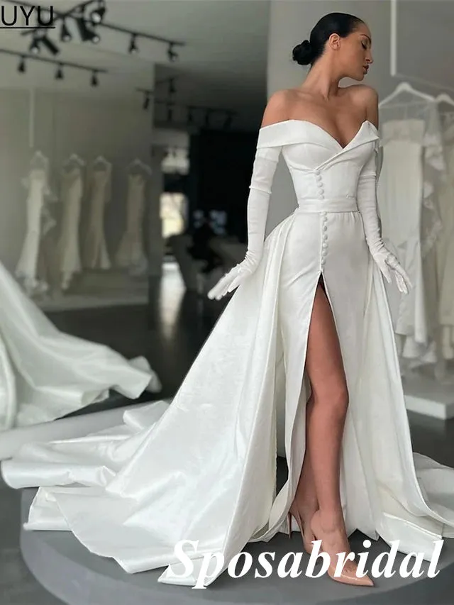 Sexy Satin Off Shoulder Sleeveless Side Slit Mermiad Long Prom Dresses, PD3910