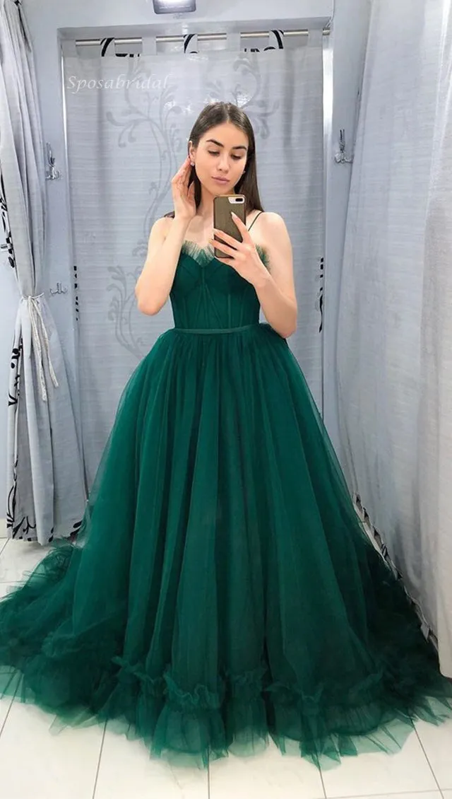 Simple Emerald Green Spaghetti Straps Sweetheart A-line Tulle Long Prom Dress, PD2294
