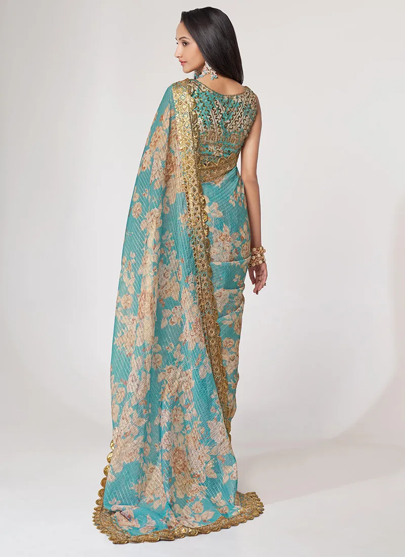 Sky Blue Floral Print And Sequence Embroidery Organza Saree
