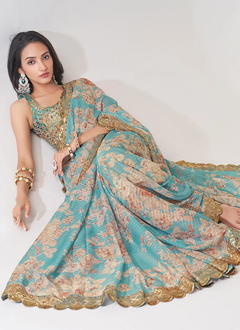 Sky Blue Floral Print And Sequence Embroidery Organza Saree