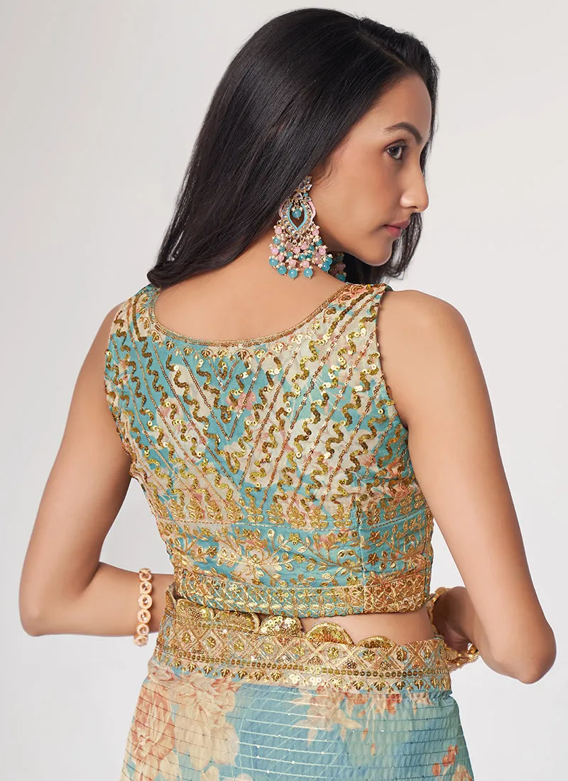 Sky Blue Floral Print And Sequence Embroidery Organza Saree