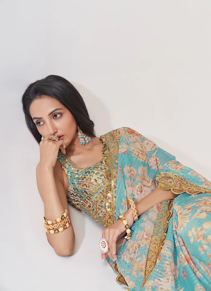 Sky Blue Floral Print And Sequence Embroidery Organza Saree