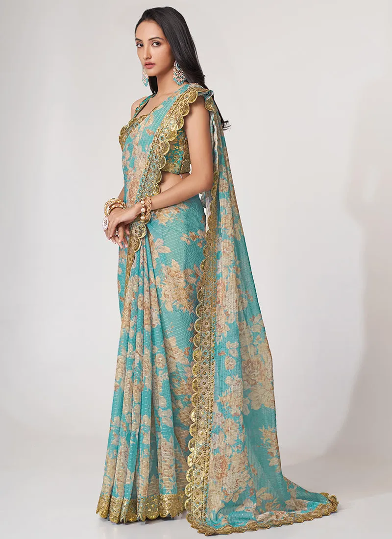 Sky Blue Floral Print And Sequence Embroidery Organza Saree