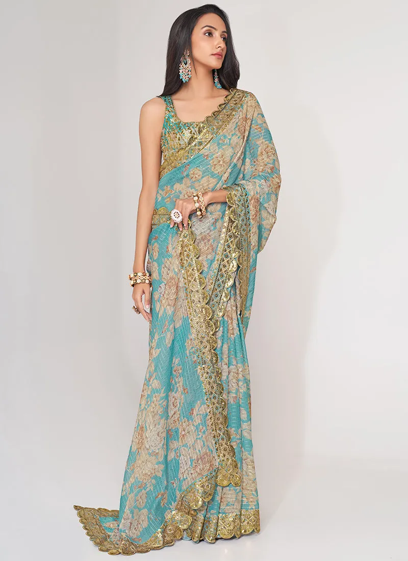 Sky Blue Floral Print And Sequence Embroidery Organza Saree