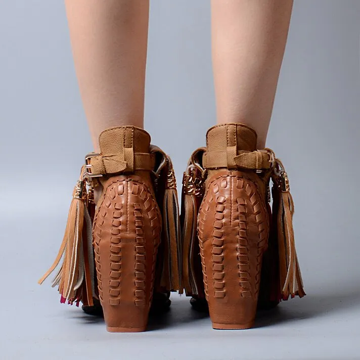 Summer New Genuine Leather Full Tassel Women Sandals Fringed Chunky High Heel Shoes Ankle Wrap Sexy Women Pumps