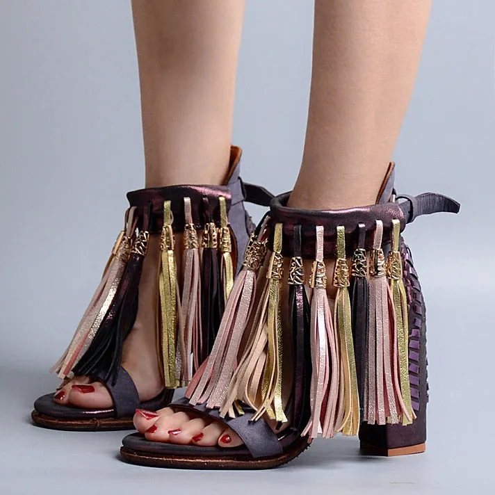 Summer New Genuine Leather Full Tassel Women Sandals Fringed Chunky High Heel Shoes Ankle Wrap Sexy Women Pumps