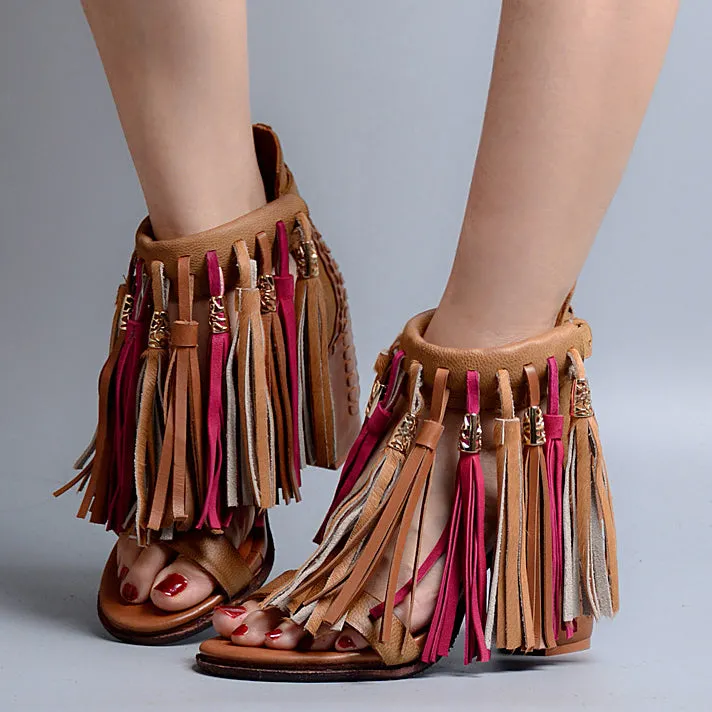 Summer New Genuine Leather Full Tassel Women Sandals Fringed Chunky High Heel Shoes Ankle Wrap Sexy Women Pumps