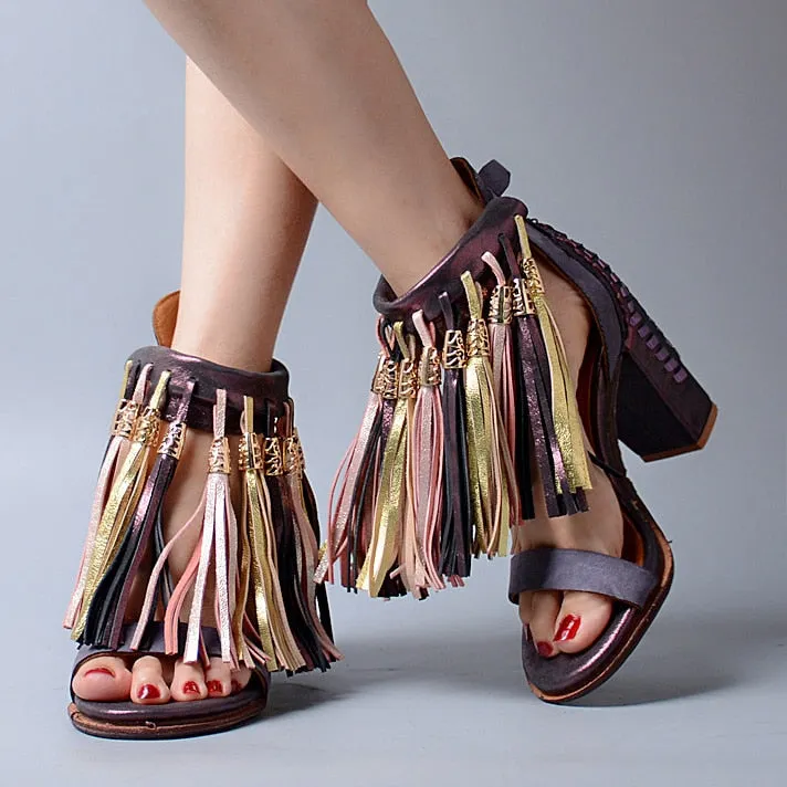 Summer New Genuine Leather Full Tassel Women Sandals Fringed Chunky High Heel Shoes Ankle Wrap Sexy Women Pumps