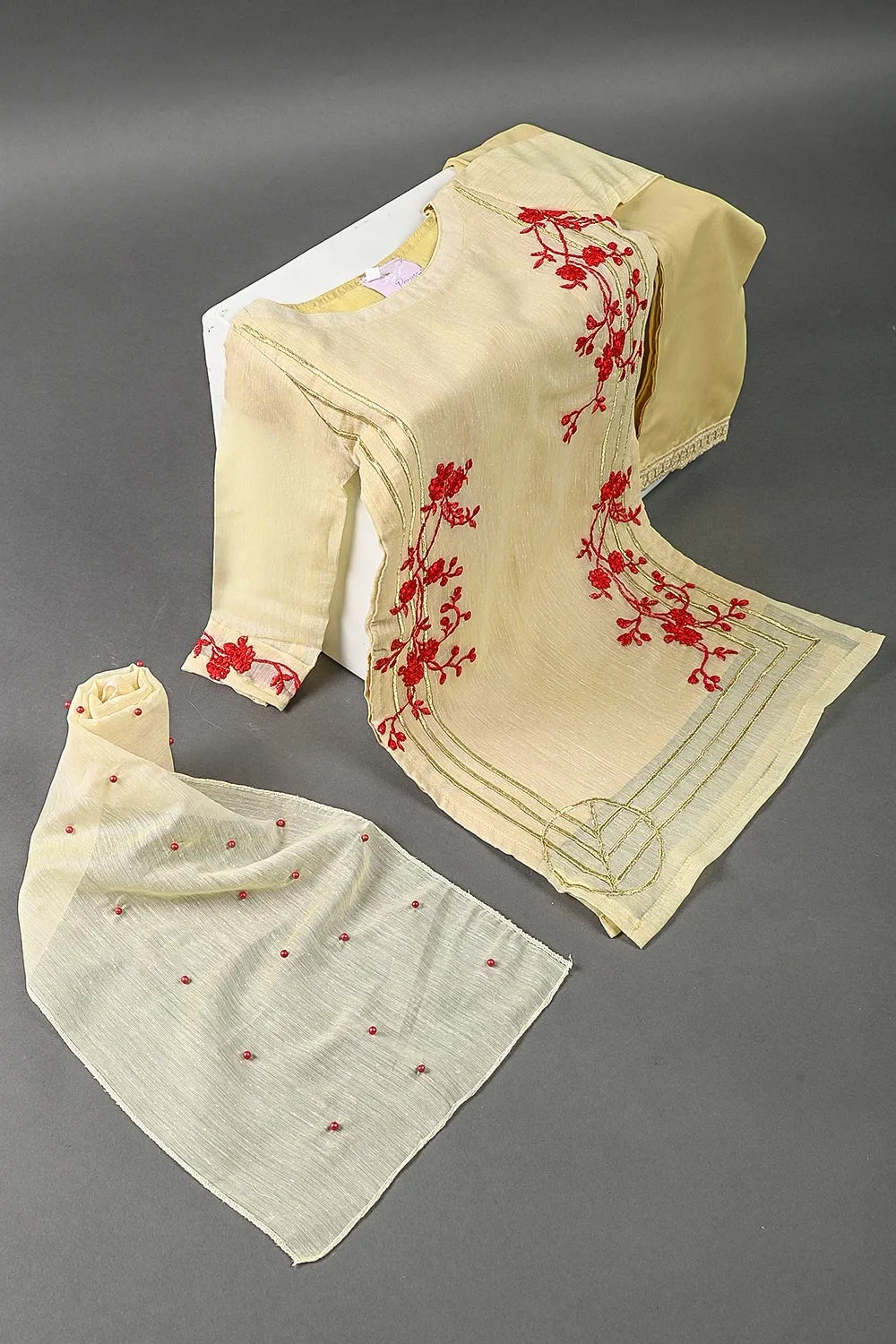 TKF-07-Skin - 3Pc Kids Paper Cotton Formal Stitched Dress