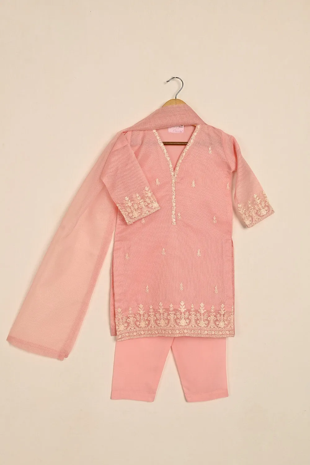 TKF-126-Peachy Pink - Kids 3Pc Javeria Net Embroidered Formal Dress