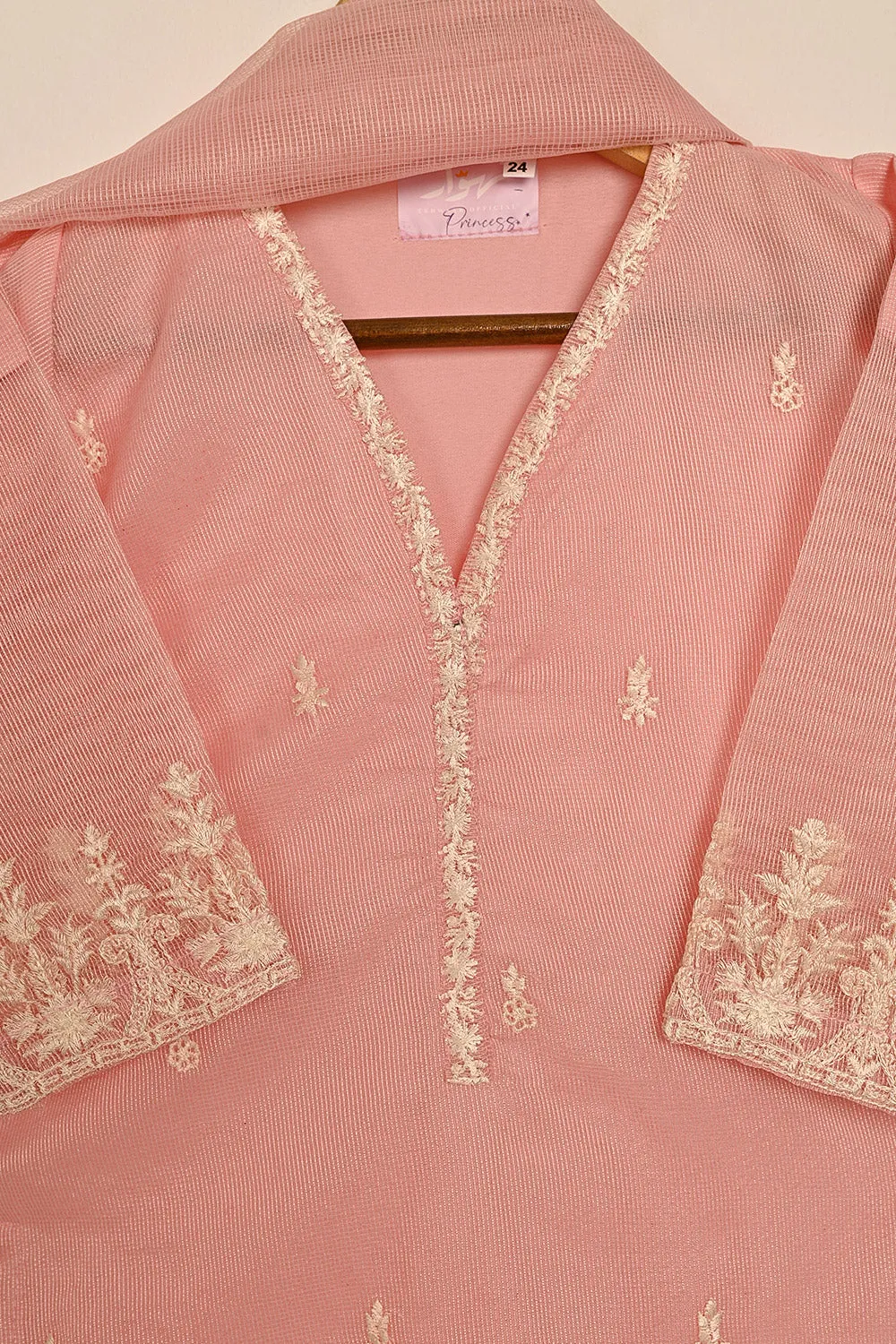 TKF-126-Peachy Pink - Kids 3Pc Javeria Net Embroidered Formal Dress