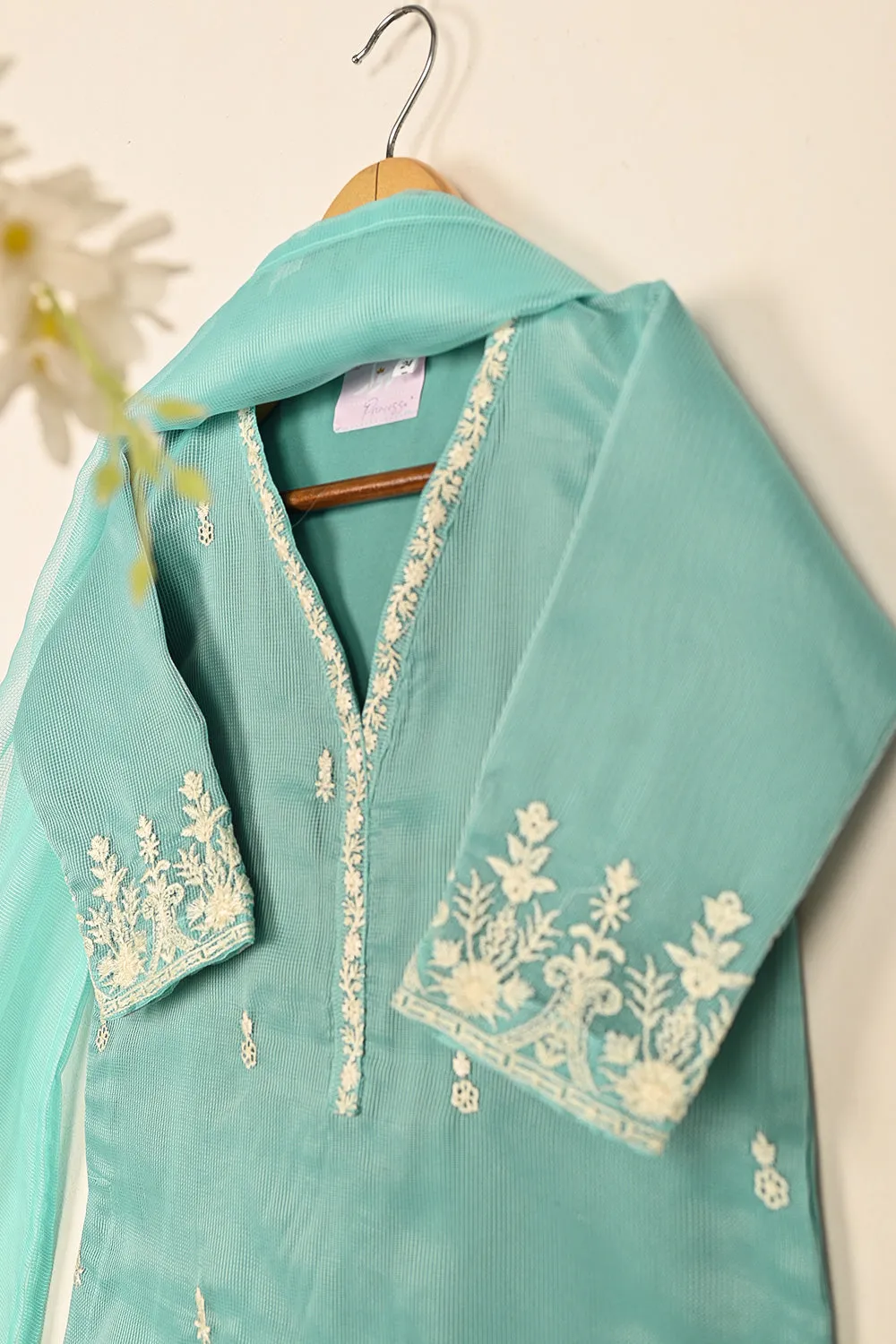 TKF-127-Aqua - Kids 3Pc Javeria Net Embroidered Formal Dress