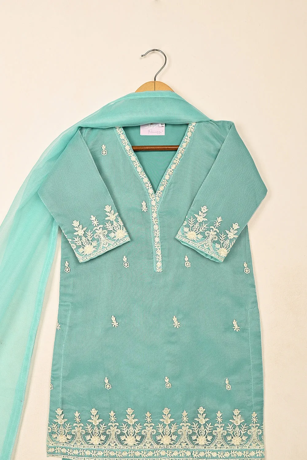 TKF-127-Aqua - Kids 3Pc Javeria Net Embroidered Formal Dress