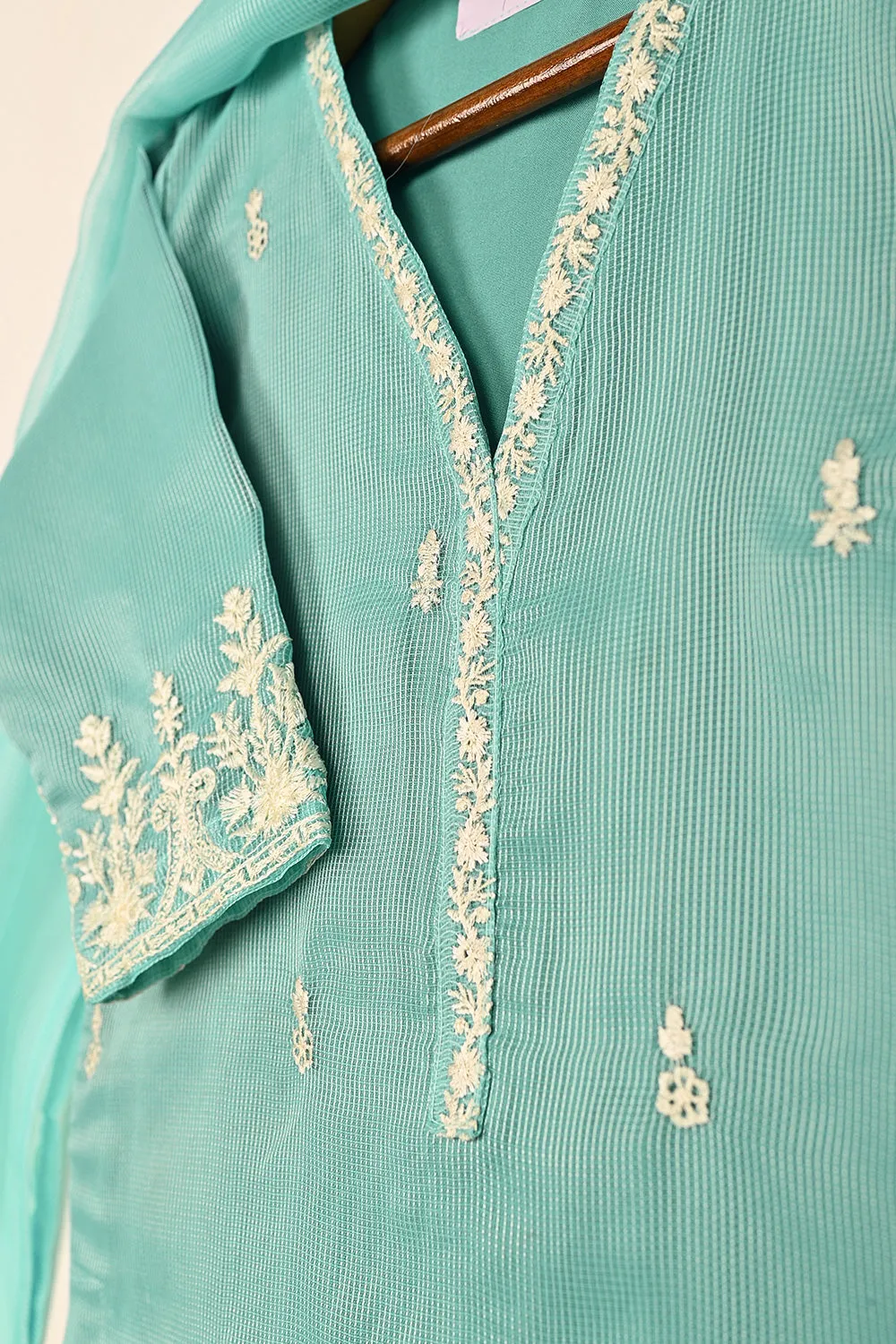 TKF-127-Aqua - Kids 3Pc Javeria Net Embroidered Formal Dress