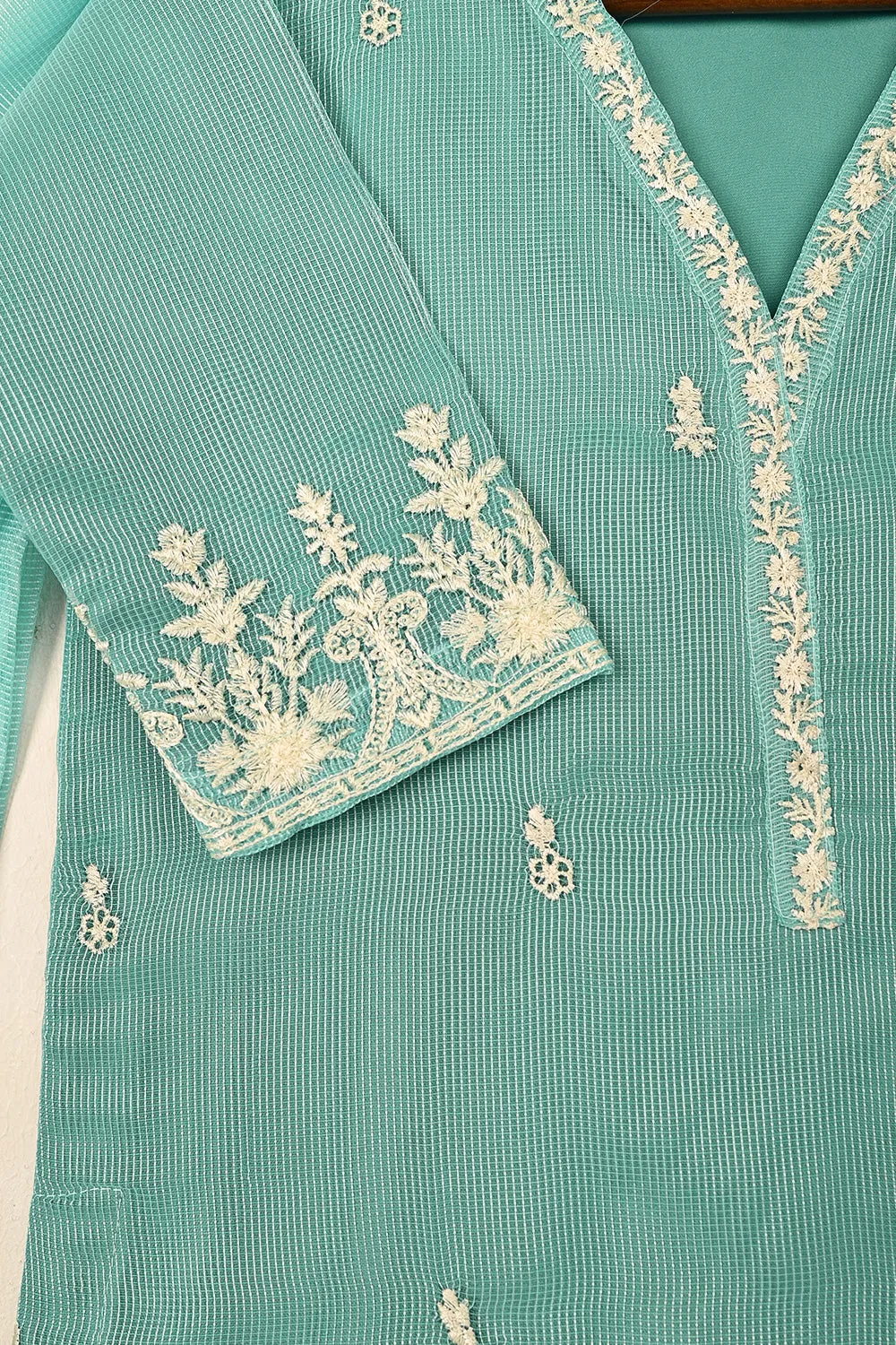 TKF-127-Aqua - Kids 3Pc Javeria Net Embroidered Formal Dress