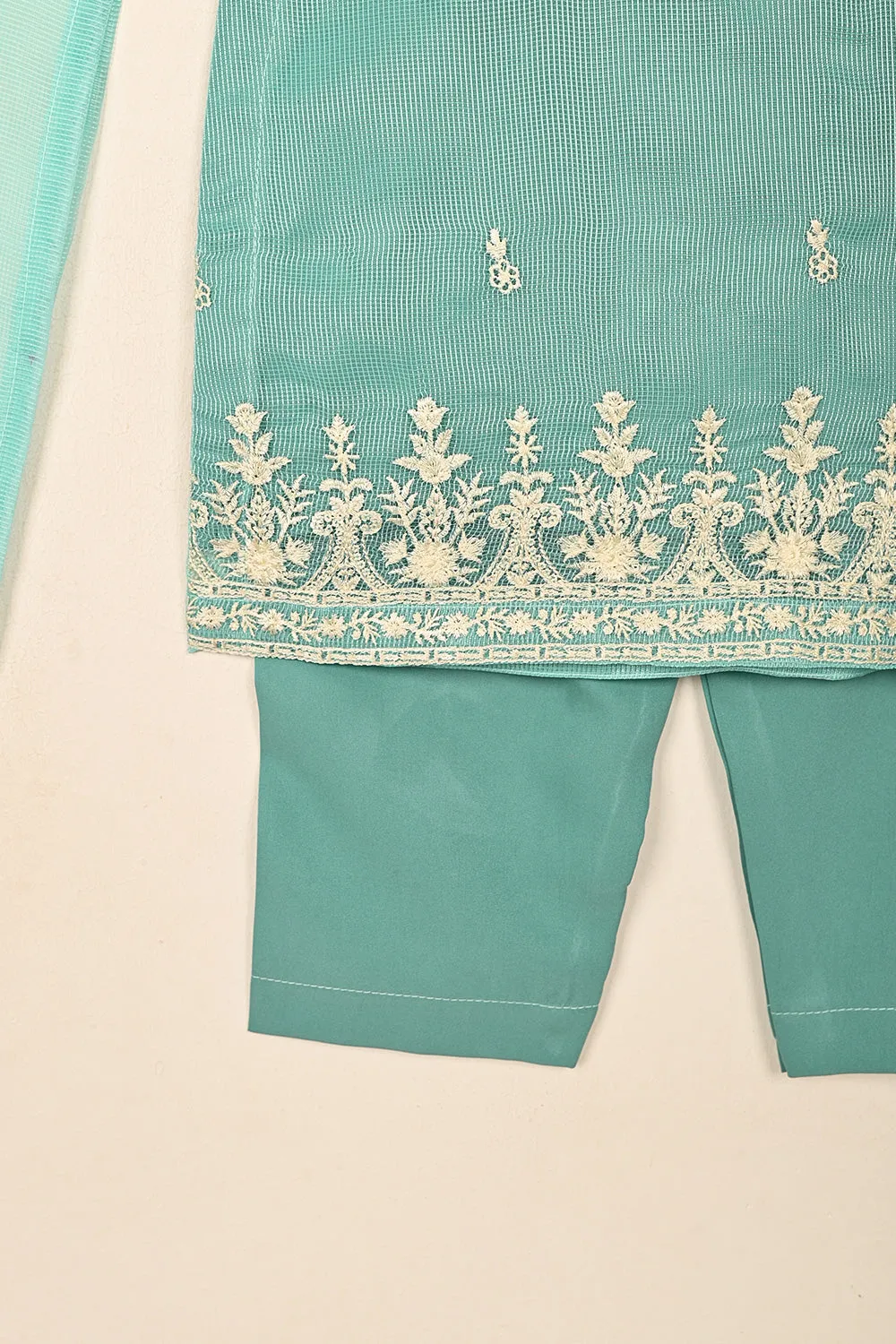 TKF-127-Aqua - Kids 3Pc Javeria Net Embroidered Formal Dress