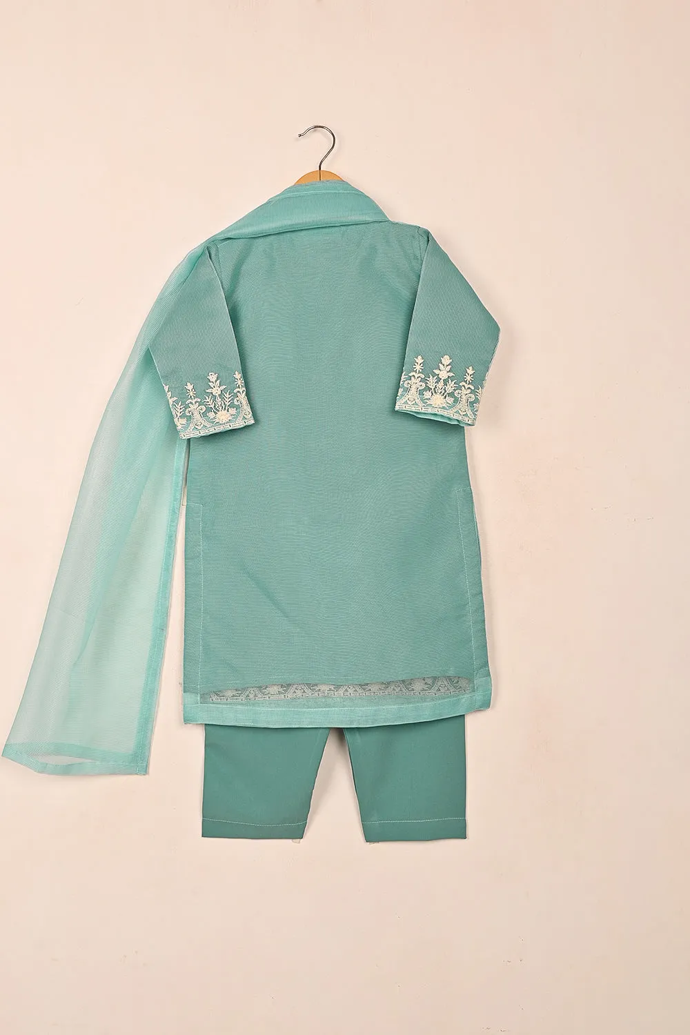 TKF-127-Aqua - Kids 3Pc Javeria Net Embroidered Formal Dress