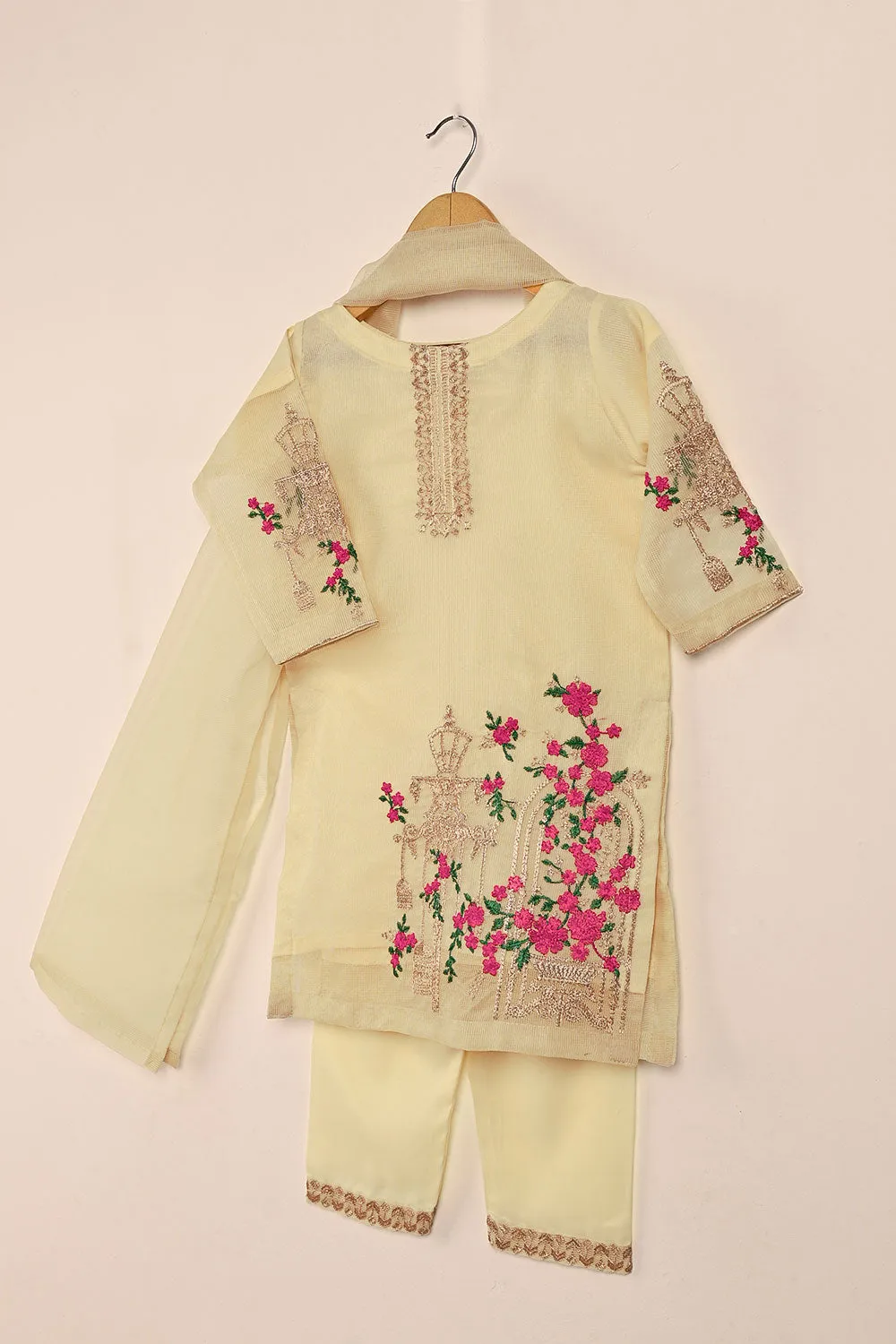 TKF-131-Cream- Kids 3Pc Javeria Net Embroidered Formal Dress