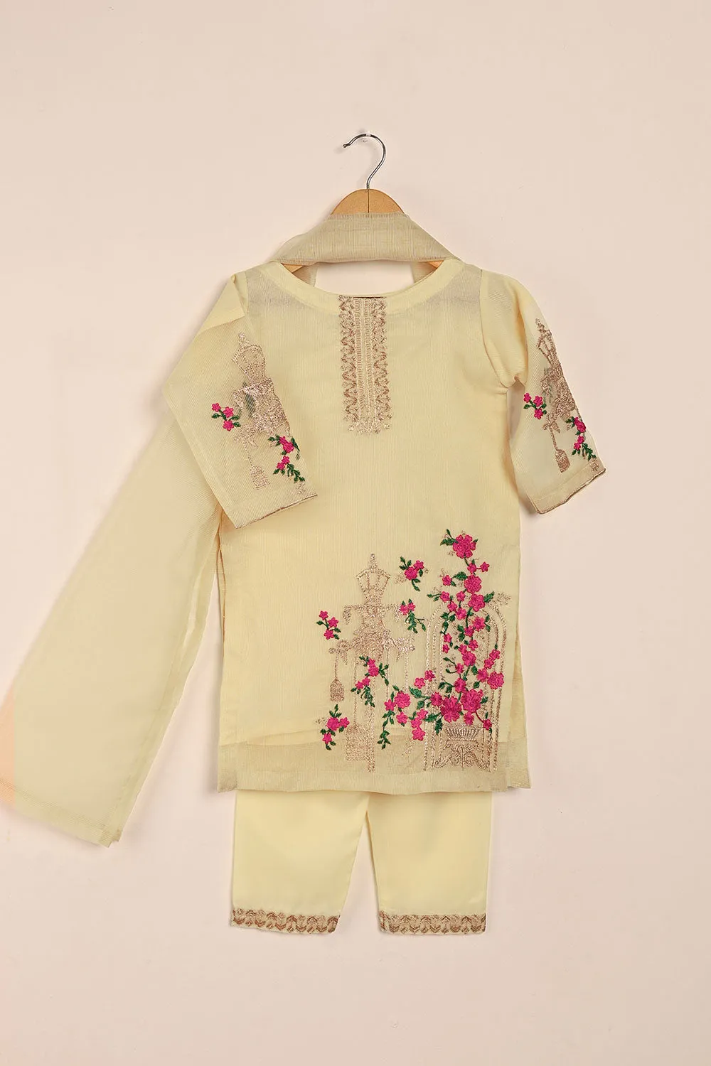 TKF-131-Cream- Kids 3Pc Javeria Net Embroidered Formal Dress