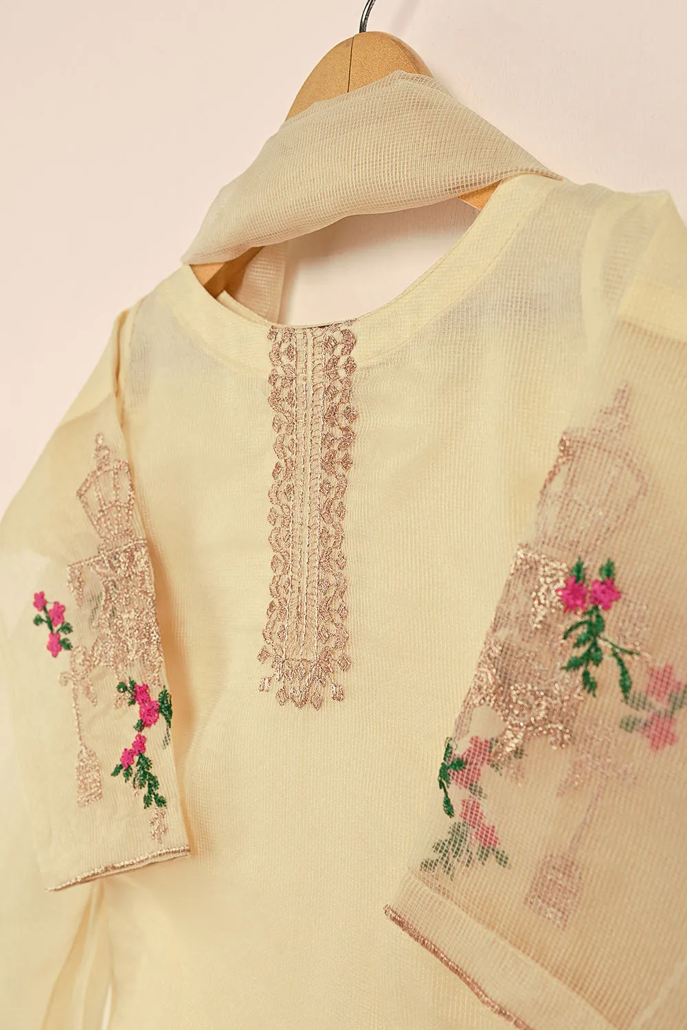 TKF-131-Cream- Kids 3Pc Javeria Net Embroidered Formal Dress