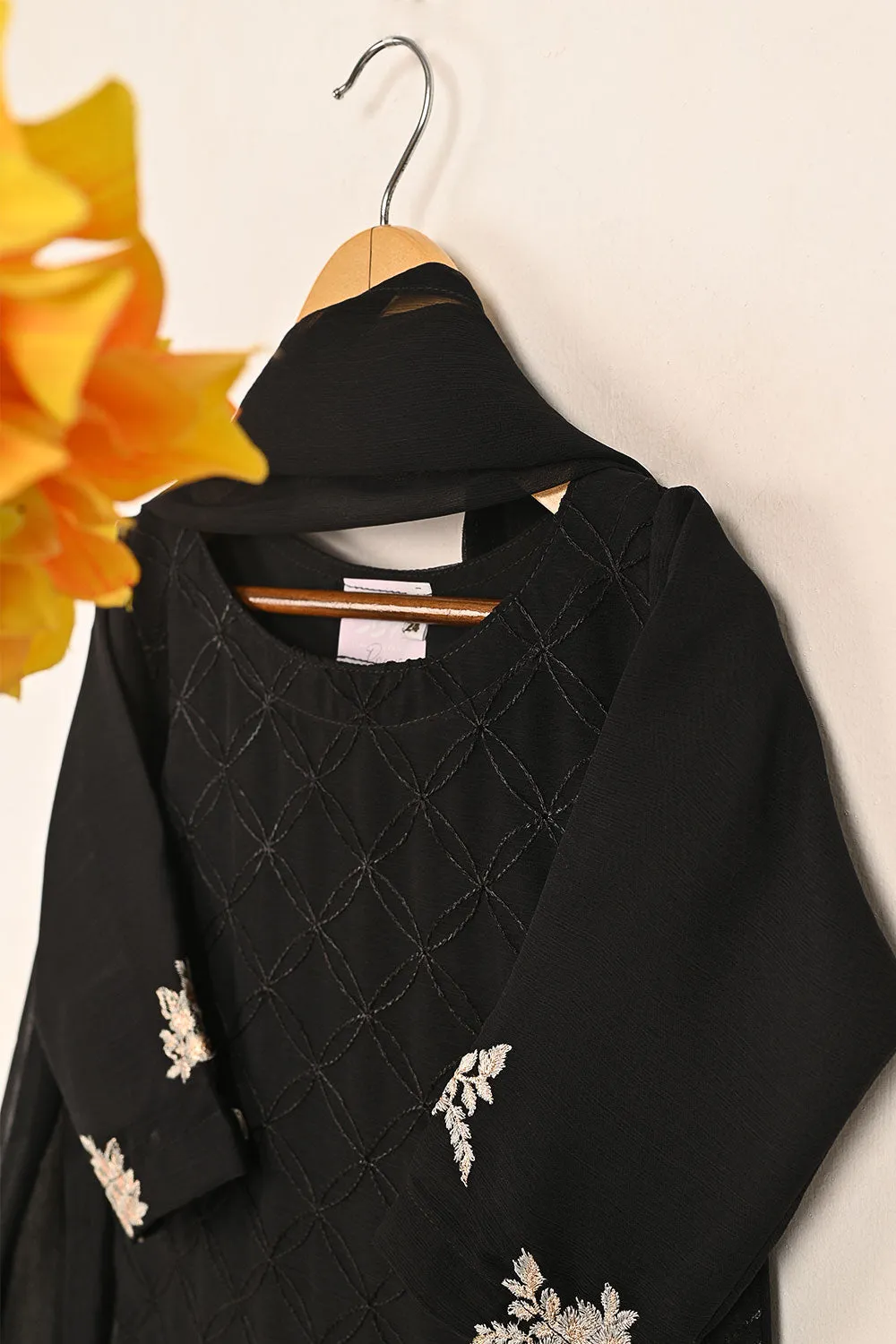 TKF-146-Black - Kids 3Pc Chiffon Embroidered Formal Dress