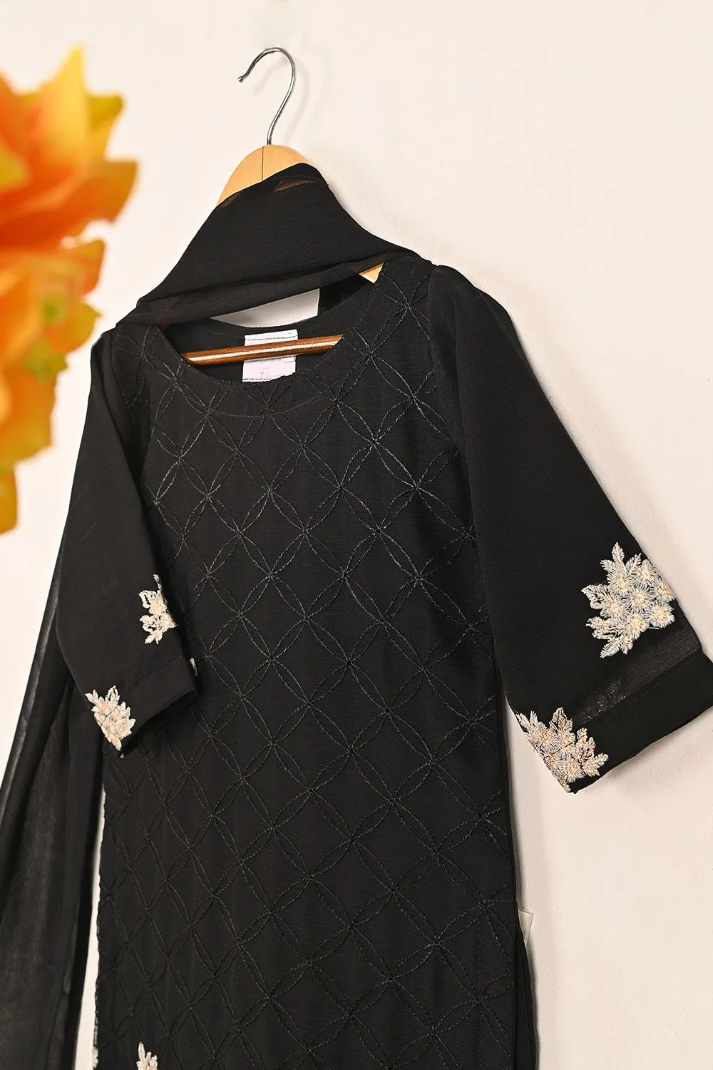 TKF-146-Black - Kids 3Pc Chiffon Embroidered Formal Dress