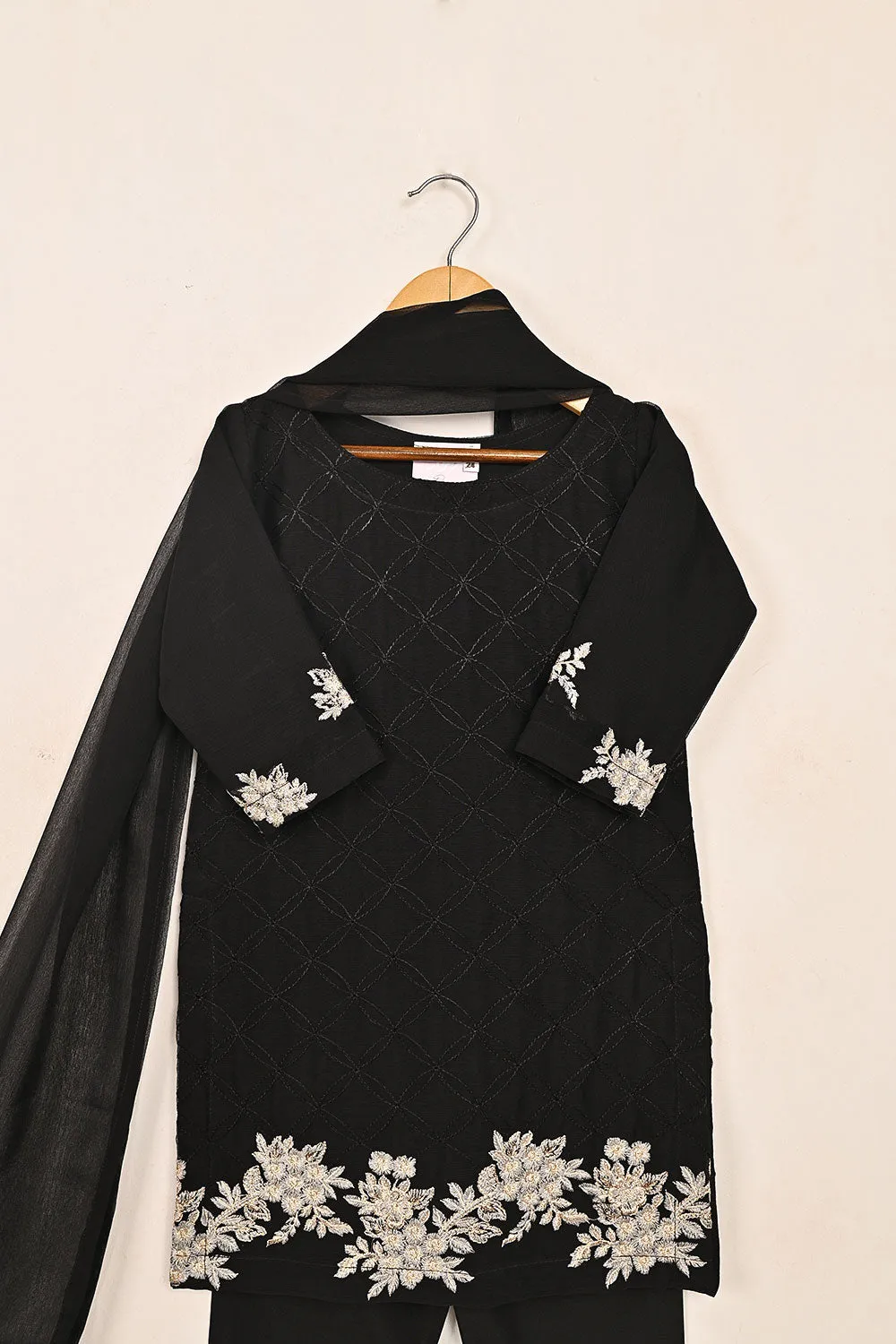 TKF-146-Black - Kids 3Pc Chiffon Embroidered Formal Dress