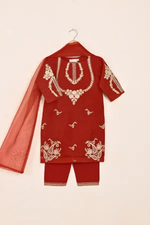 TKF-147-Red - Kids 3Pc Organza Embroidered Formal Dress