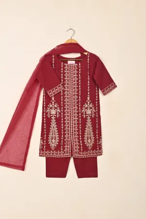 TKF-247-Maroon - Kids 3Pc Formal Embroidered Organza Dress