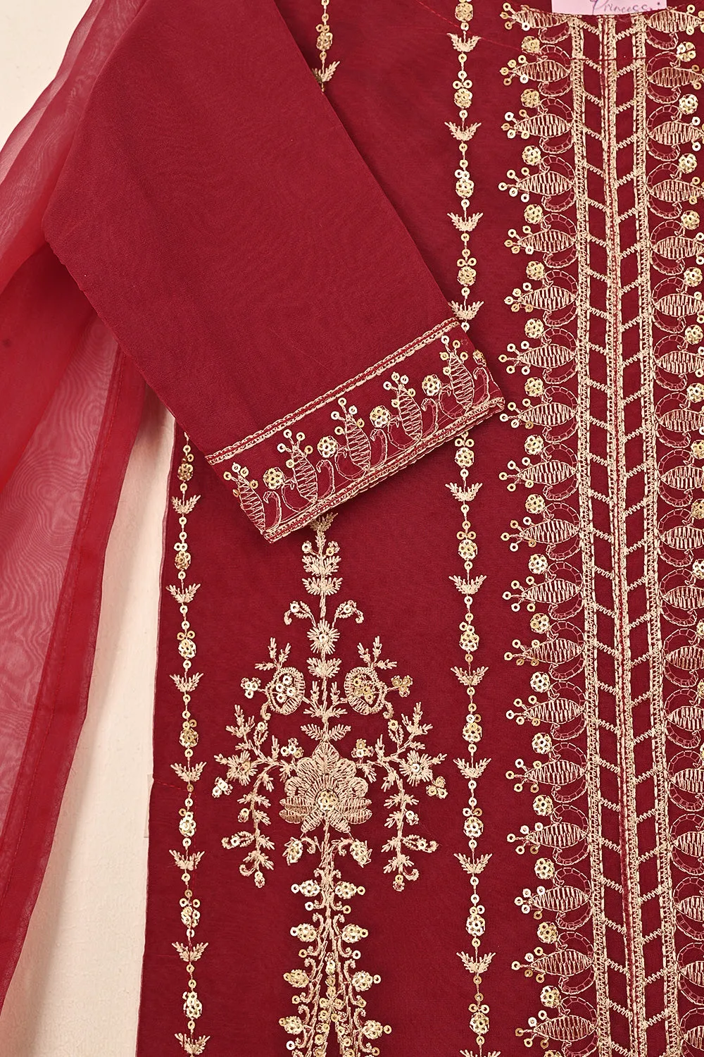TKF-247-Maroon - Kids 3Pc Formal Embroidered Organza Dress
