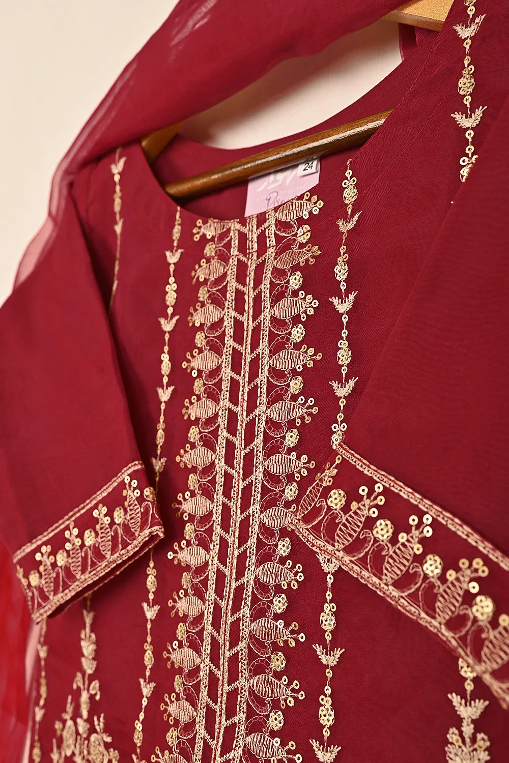 TKF-247-Maroon - Kids 3Pc Formal Embroidered Organza Dress