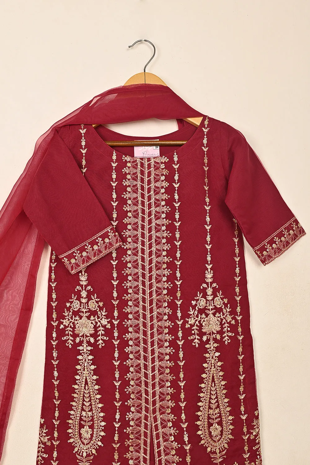 TKF-247-Maroon - Kids 3Pc Formal Embroidered Organza Dress