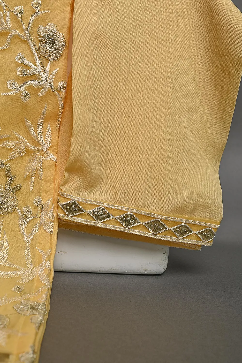 TKF-24B-YELLOW - Kids 3Pc Organza Formal Embroidered Dress With Malai Trouser