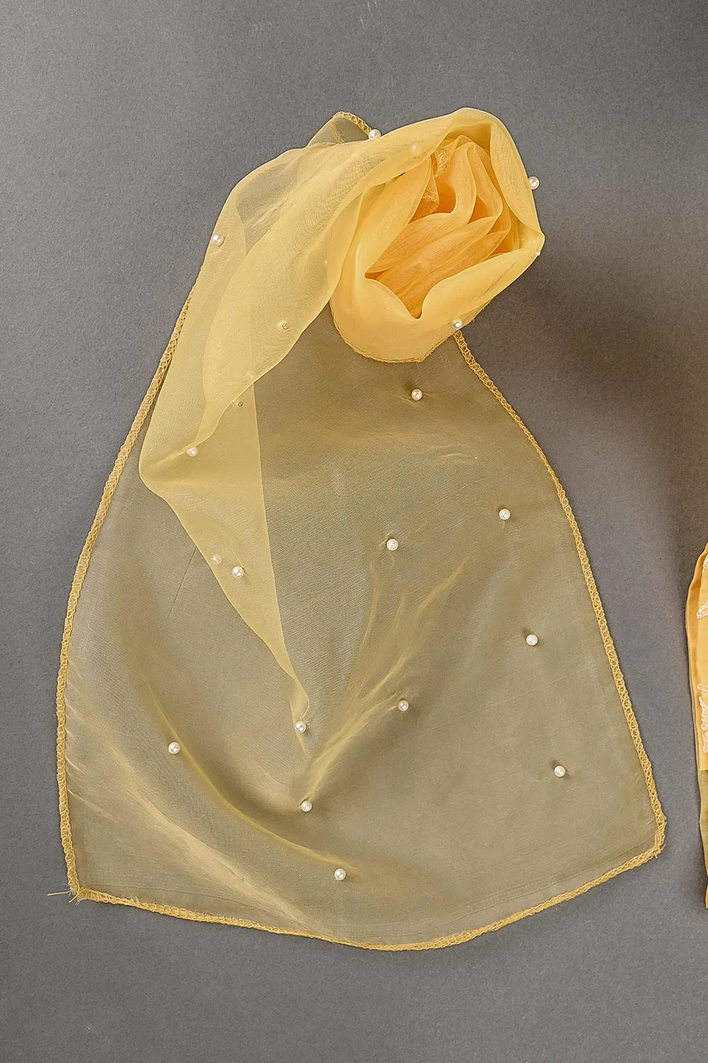 TKF-24B-YELLOW - Kids 3Pc Organza Formal Embroidered Dress With Malai Trouser