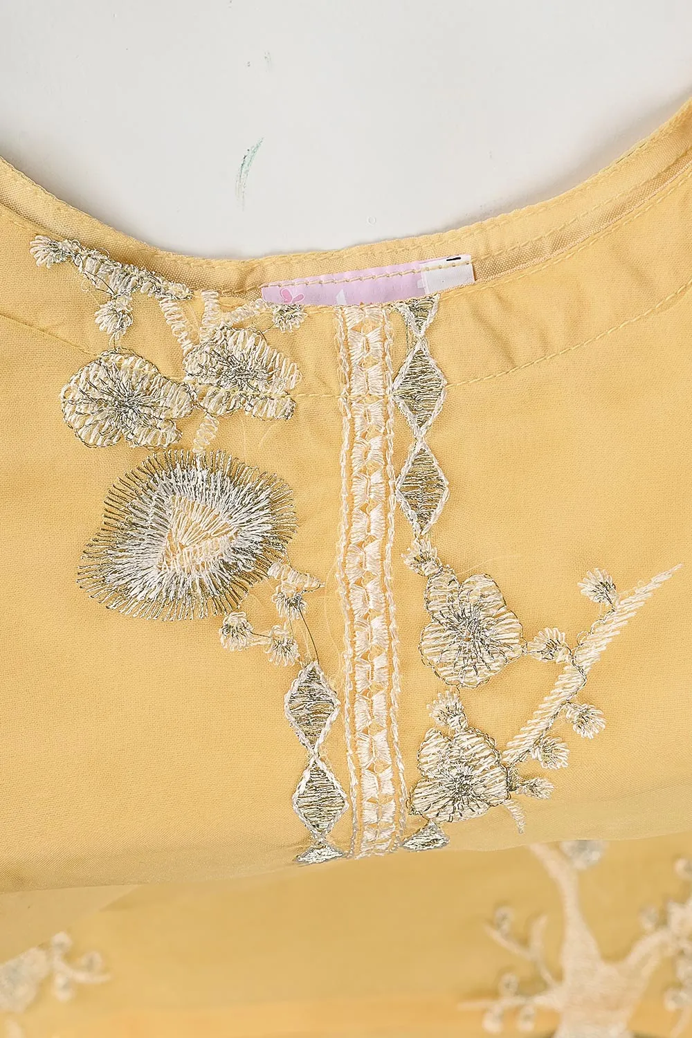 TKF-24B-YELLOW - Kids 3Pc Organza Formal Embroidered Dress With Malai Trouser