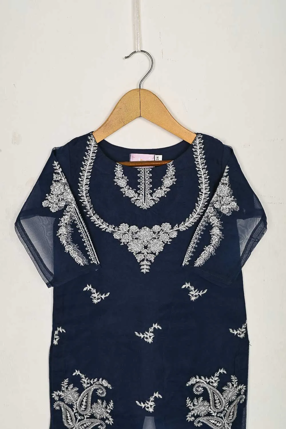 TKF-37-NavyBlue - Kids 3Pc Organza Formal Embroidered Dress With Malai Trouser
