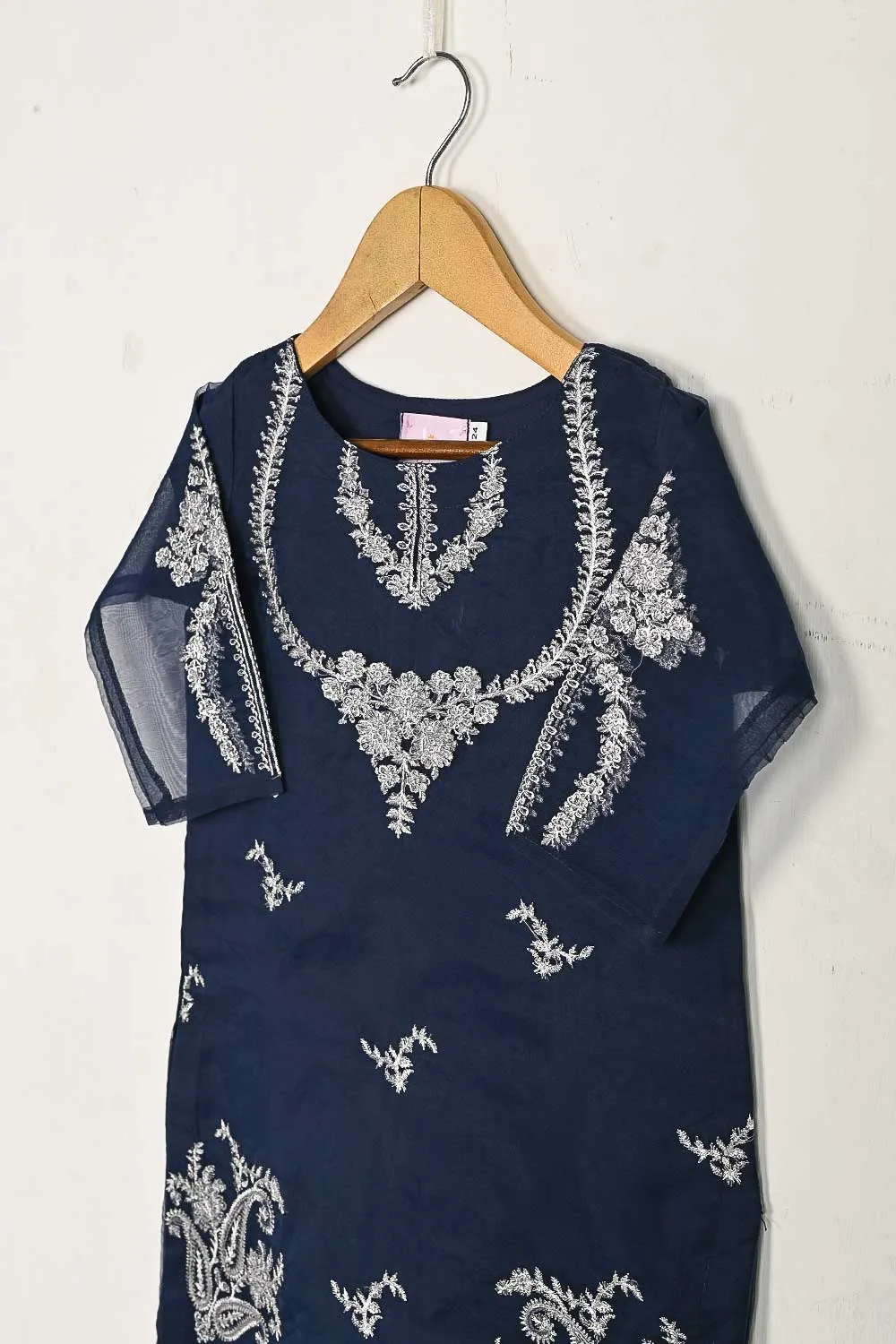 TKF-37-NavyBlue - Kids 3Pc Organza Formal Embroidered Dress With Malai Trouser