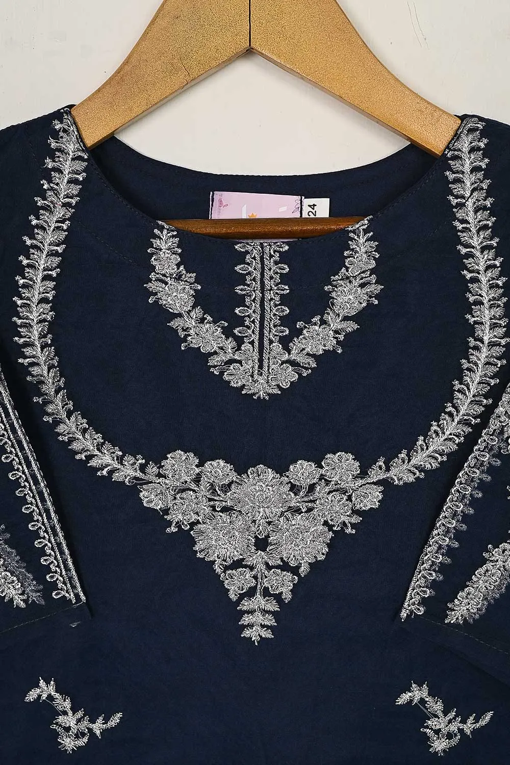 TKF-37-NavyBlue - Kids 3Pc Organza Formal Embroidered Dress With Malai Trouser