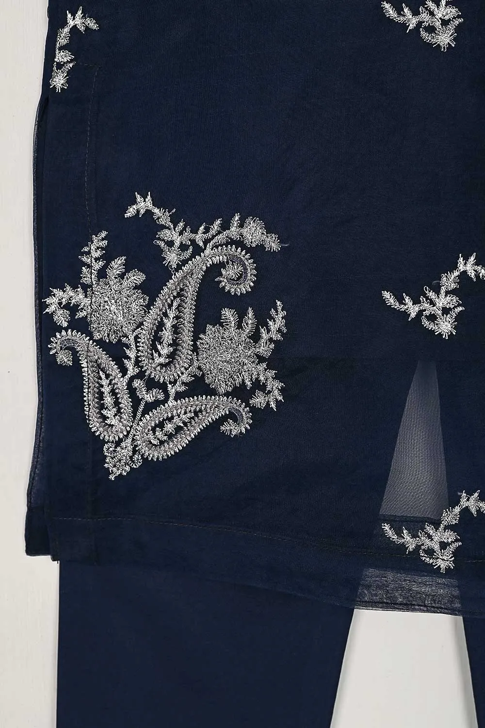 TKF-37-NavyBlue - Kids 3Pc Organza Formal Embroidered Dress With Malai Trouser