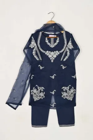 TKF-37-NavyBlue - Kids 3Pc Organza Formal Embroidered Dress With Malai Trouser
