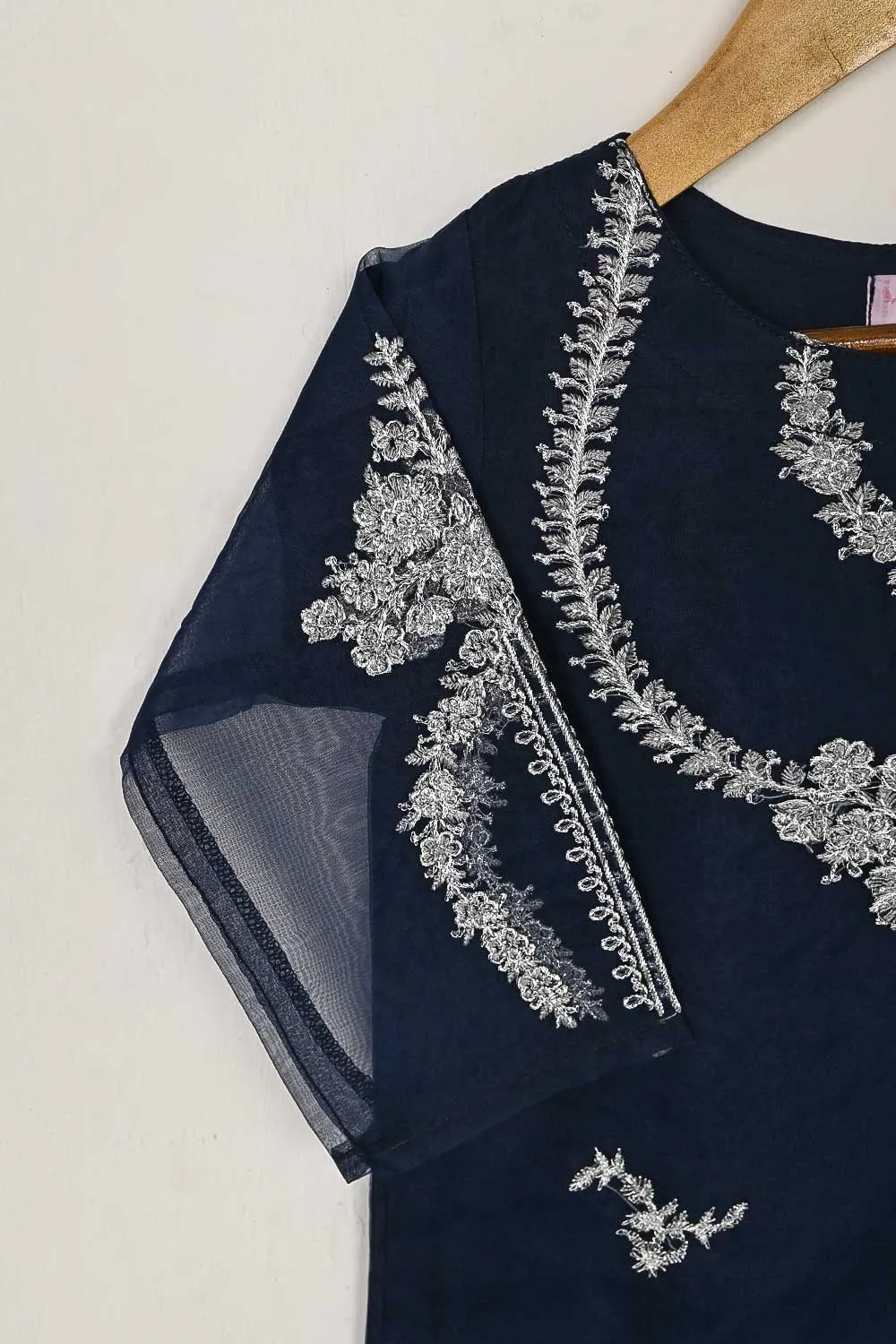 TKF-37-NavyBlue - Kids 3Pc Organza Formal Embroidered Dress With Malai Trouser