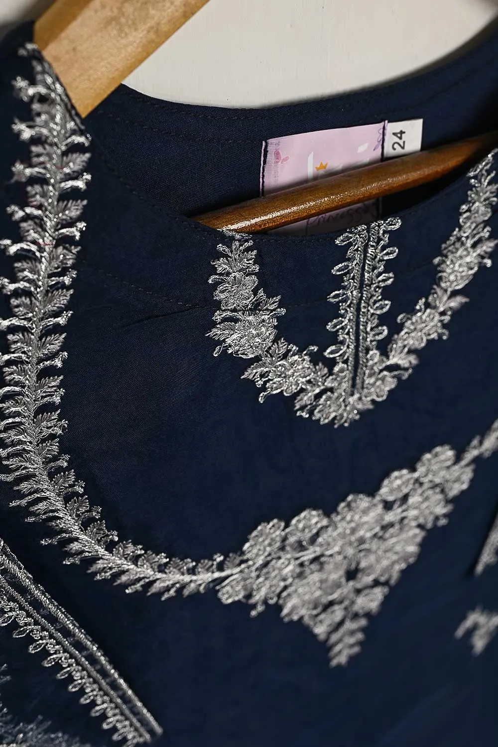 TKF-37-NavyBlue - Kids 3Pc Organza Formal Embroidered Dress With Malai Trouser