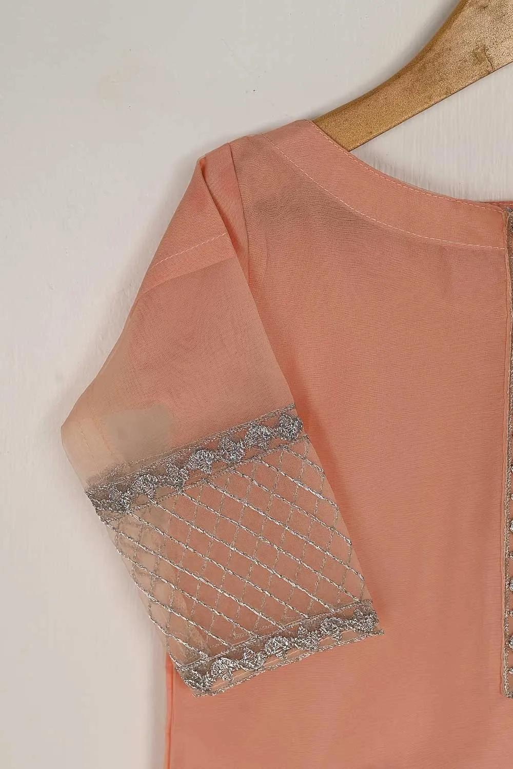 TKF-61-Peach - Kids 3Pc Organza Formal Embroidered Dress With Malai Trouser