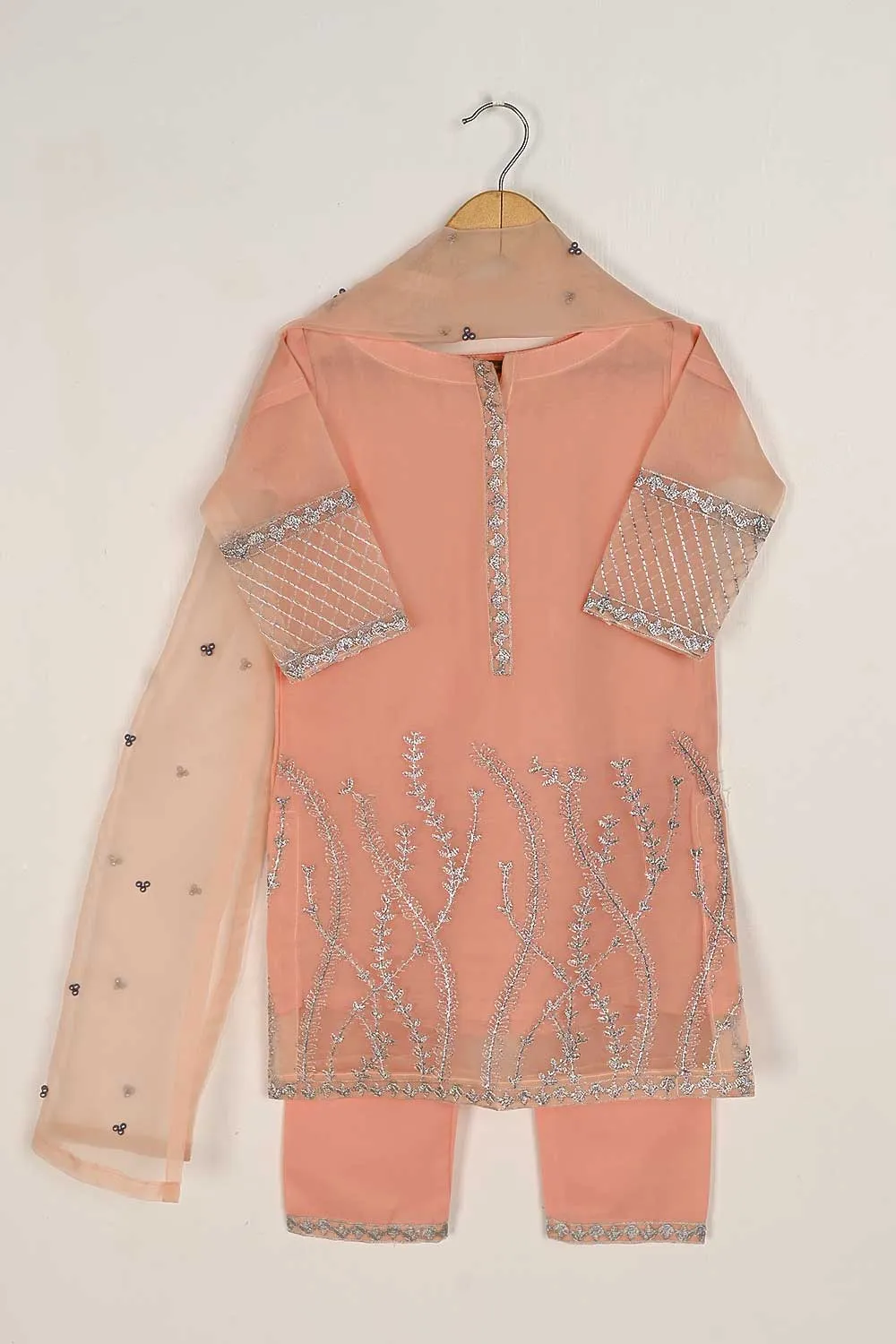 TKF-61-Peach - Kids 3Pc Organza Formal Embroidered Dress With Malai Trouser