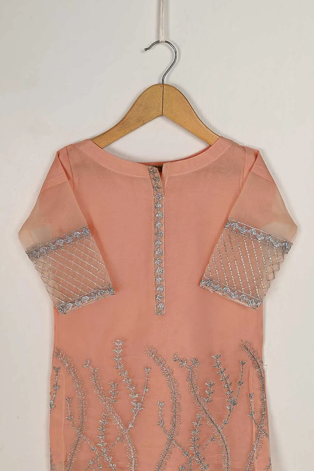 TKF-61-Peach - Kids 3Pc Organza Formal Embroidered Dress With Malai Trouser