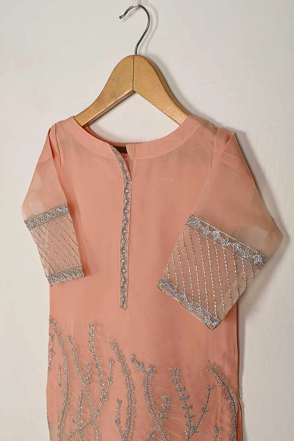 TKF-61-Peach - Kids 3Pc Organza Formal Embroidered Dress With Malai Trouser
