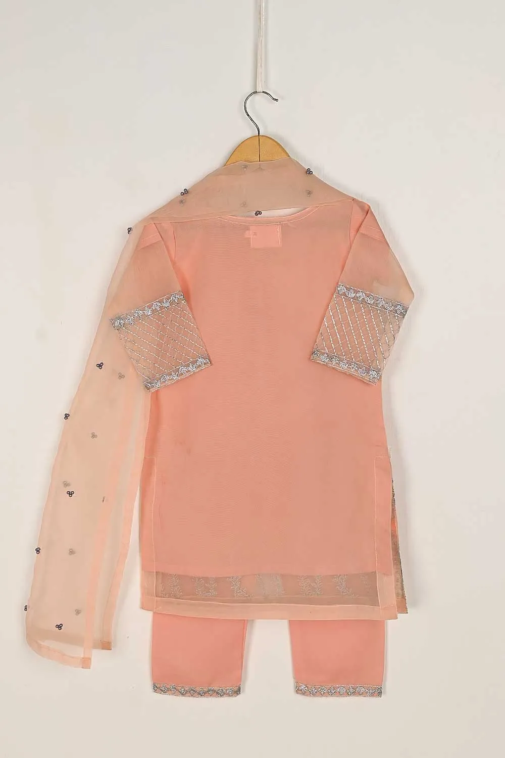 TKF-61-Peach - Kids 3Pc Organza Formal Embroidered Dress With Malai Trouser