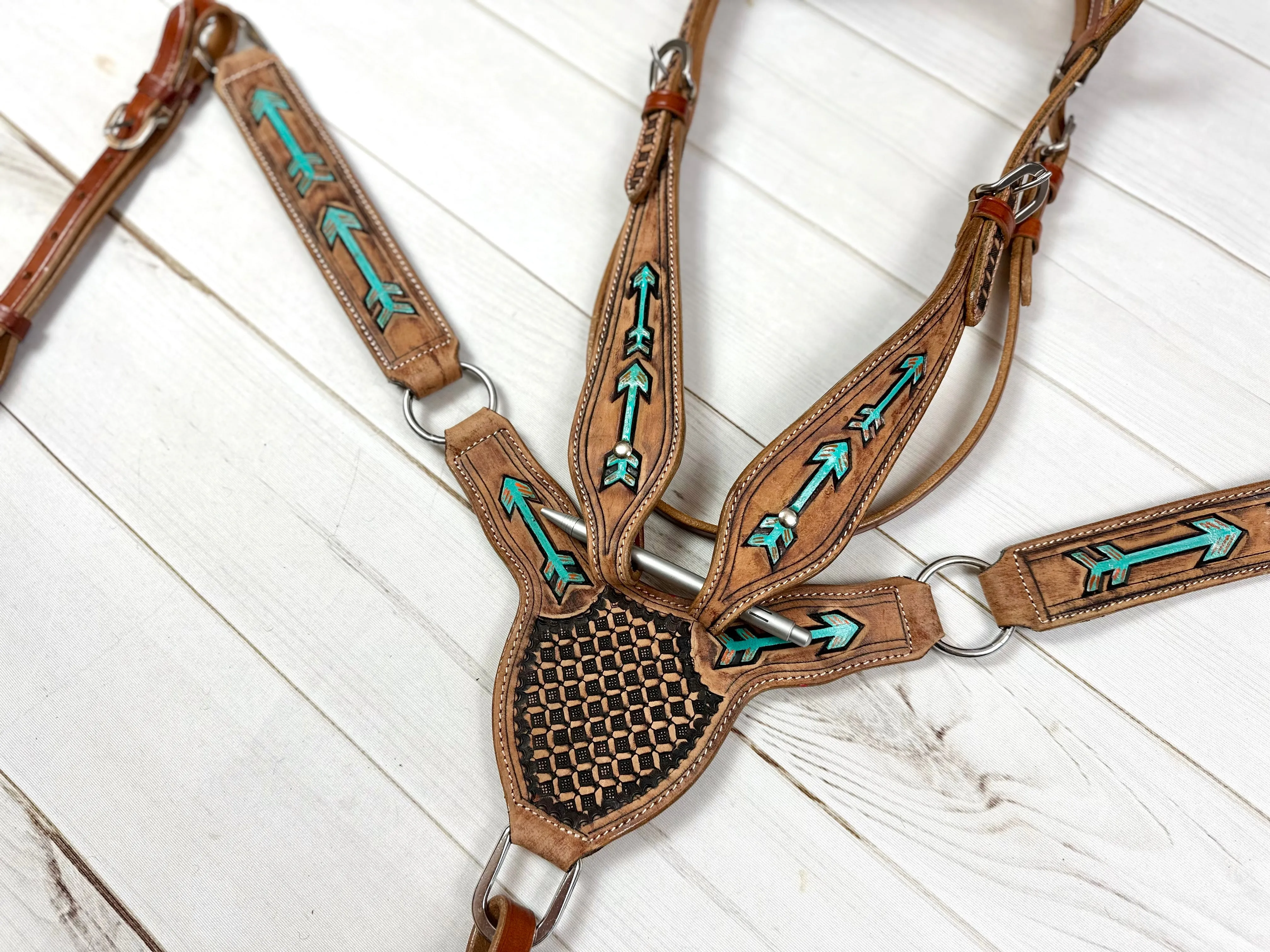 Tooled Hand painted Arrows - Gladiator Style Leather Tack Set
