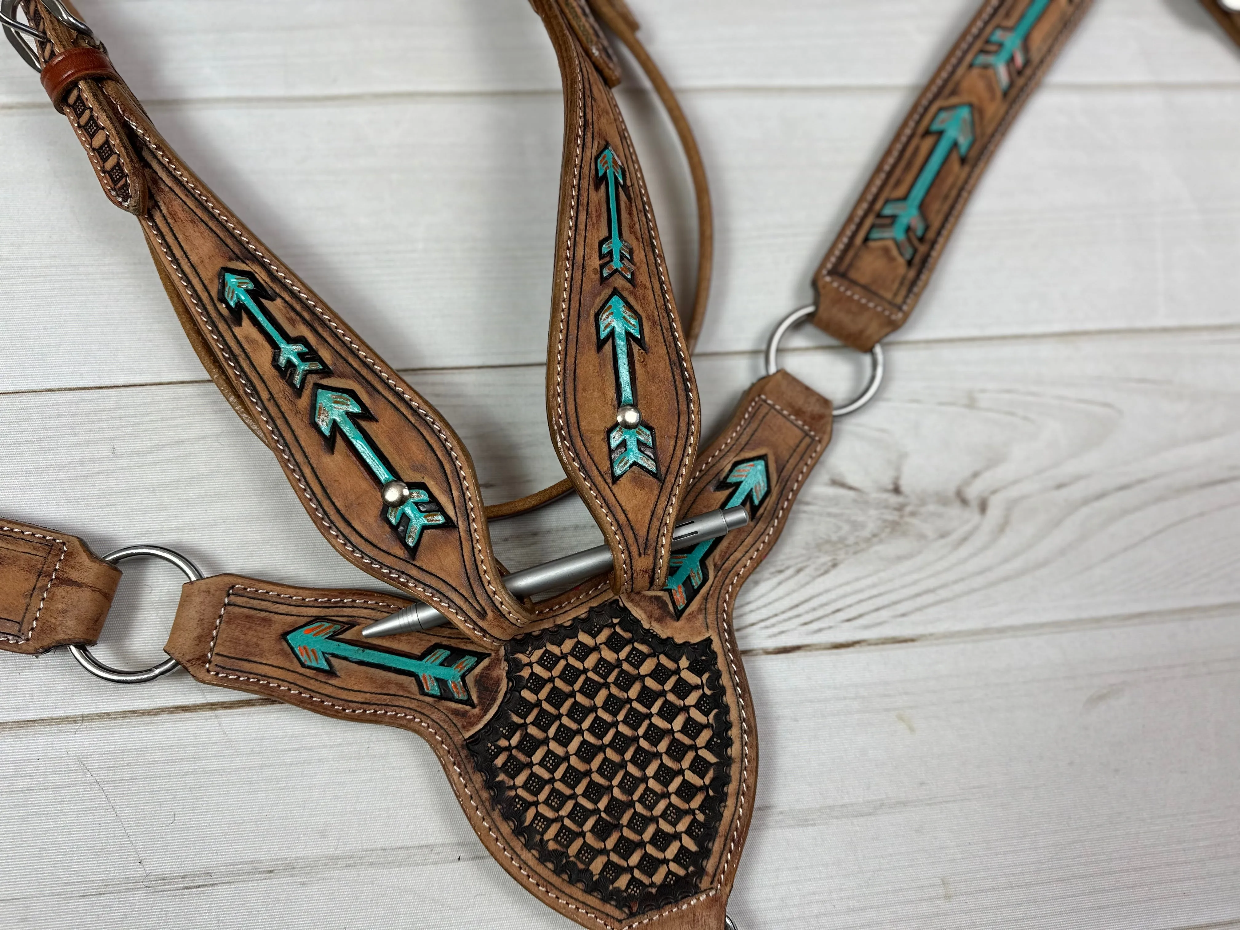 Tooled Hand painted Arrows - Gladiator Style Leather Tack Set